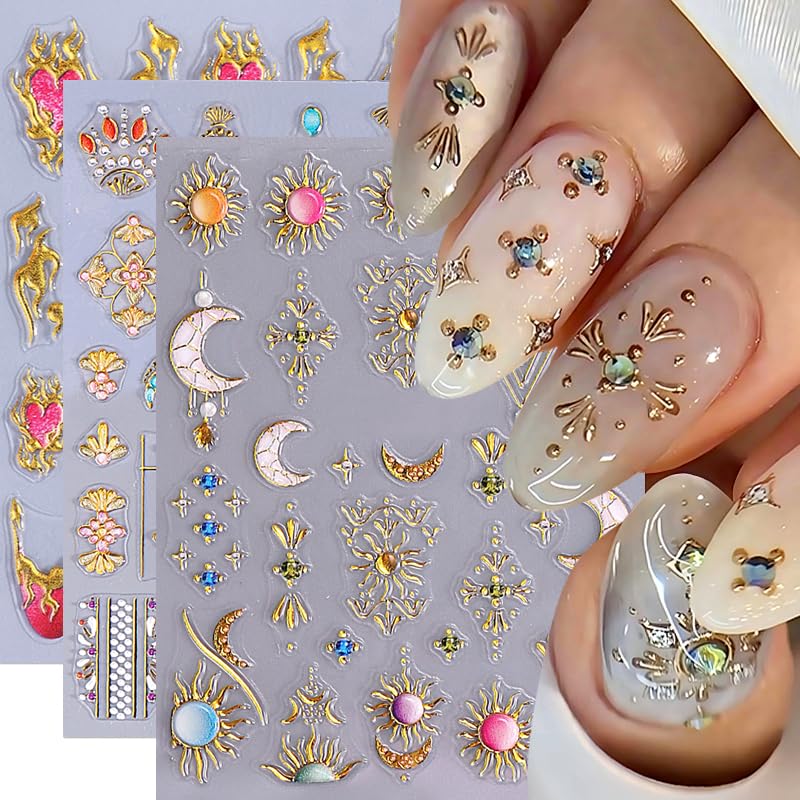 3 Sheets Bohemian Style Nail Decals Embossed Star Nail Art Stickers 5D Self-Adhesive Sun Moon Nail Stickers Flame Heart French Designs Nails Decor Boho Manicure Accessories for Women Nail Supplies - style: Bohemian