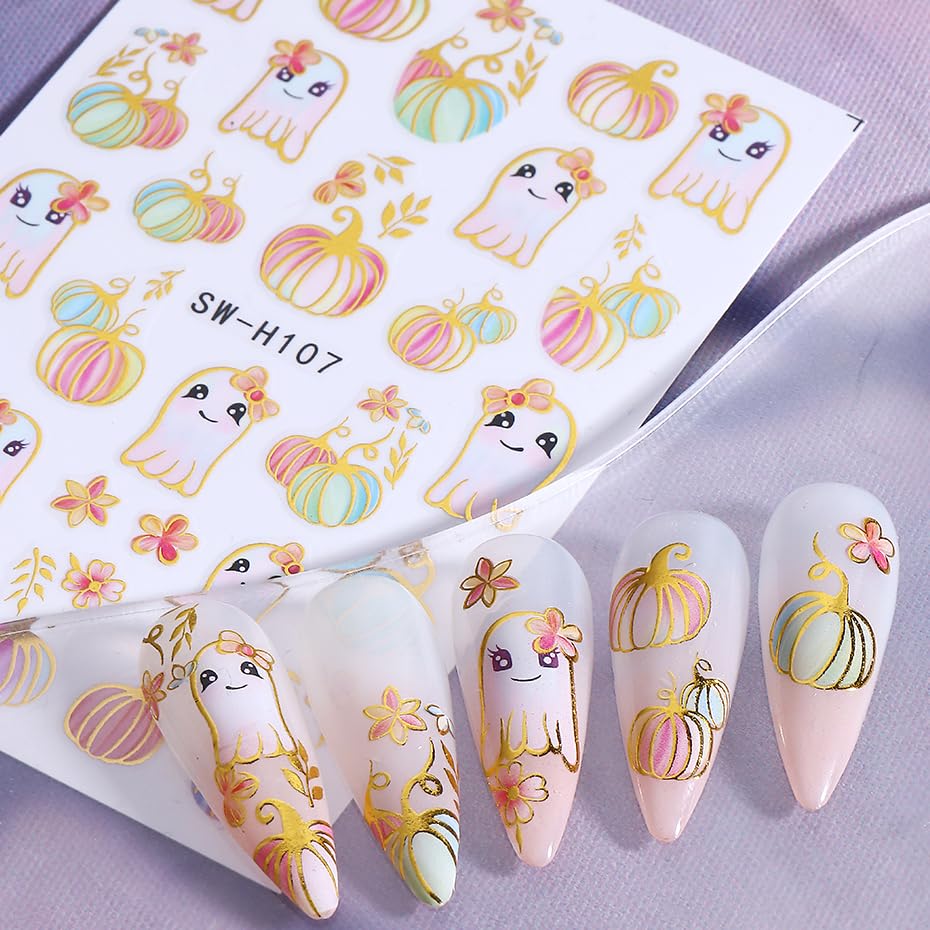 Halloween Pumpkin Nail Art Stickers Gilded Pumpkin Ghost Nail Art Decals 5 Sheets 3D Self-Adhesive Glitter Pumpkins Stickers Colorful Ghost Flower Nail Design for Women Thanksgiving Nail Supplies - color: Halloween Style13