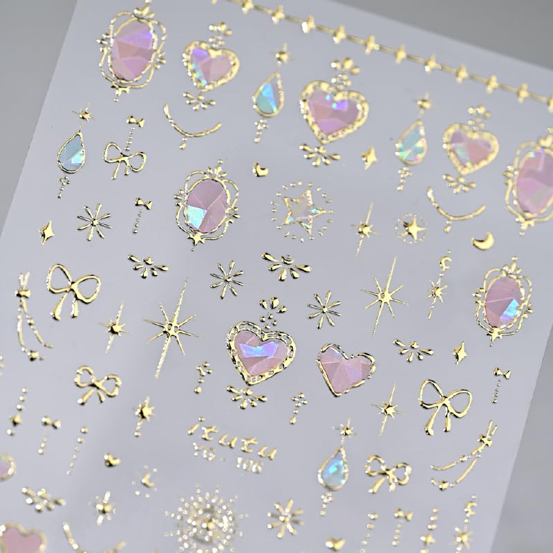 Valentine Nail Art Stickers 5D Embossed Pink Heart Nail Stickers for Nail Art Gold Moon Star Bow Nail Decals Valentines Day Gold Bow Star Laser Heart Nails Design Aurora Heart Nails Supplies for Women - style: heart star