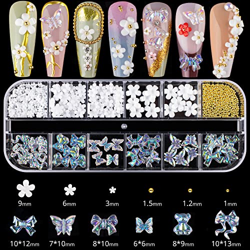 Mixed 3D Nail Art Gem Decoration Accessories Kit #2, Aurora Bear Bow Butterfly Starry AB Rhinestone Charm Jewelry for Deco, Pearl Flower Caviar Bead Stone Crystal with Dual-End Brush and Tweezer - color: 3 Boxes Nail Art Charms Kit 2