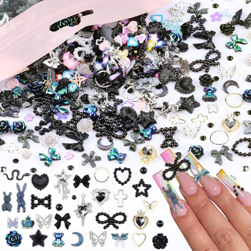 650PCS Cute 3D Resin Nail Charms and Gems Black Flower Bow Butterfly Charms - color: Black