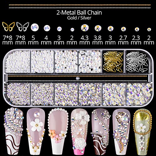 Mixed 3D Nail Art Gem Decoration Accessories Kit #2, Aurora Bear Bow Butterfly Starry AB Rhinestone Charm Jewelry for Deco, Pearl Flower Caviar Bead Stone Crystal with Dual-End Brush and Tweezer - color: 3 Boxes Nail Art Charms Kit 2