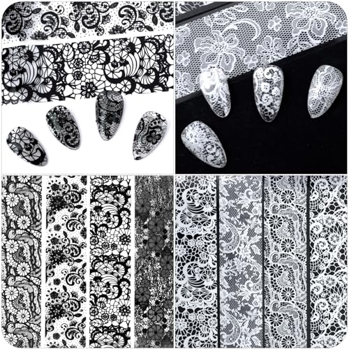 SmallCat 20 Sheets Nail Transfer Foil, Lace Nail Foil, Black, White - color: Black, White (100×2.5cm), Style1
