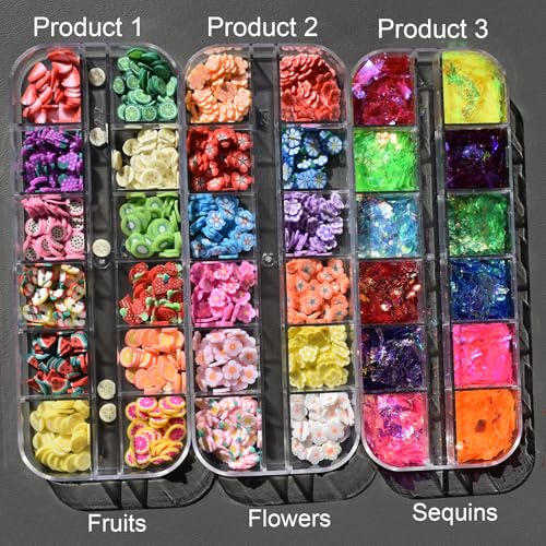 3 Boxes of Crystal Mash Clay Strip Flowers Fruit Slices Nail Art Glitter