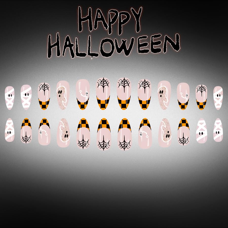 24Pcs Halloween Press on Nails Medium Almond Glossy Fake Nails Ghost Nail Press Ons with Glitter Design Plaid French Tip False Nails Ghost Skull Glue on Nails Spider Web Stick on Nails Nail for Women - color: Halloween01