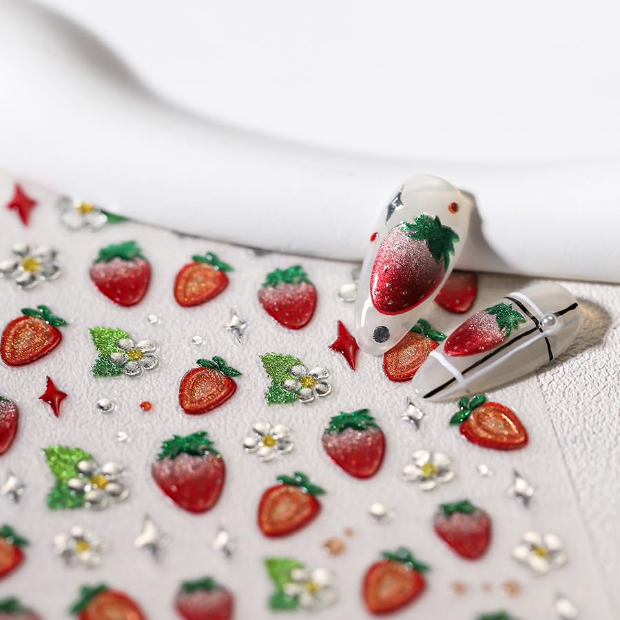 1 Sheet 5D Embossed Strawberry Nail Stickers Red Strawberry Jelly Nail Art Stickers Fruit Nail Decals Cute Red Strawberries Design Strawberries Nails Supplies for Women Summer Manicure Decor Supplies - style: strawberry
