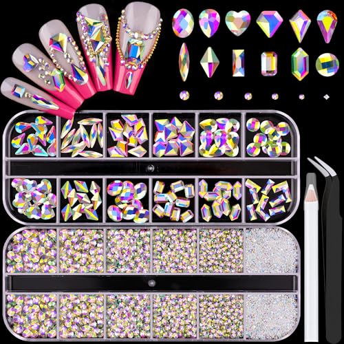 2680Pcs AB Glass Nail Rhinestones 120Pcs Multi Shapes Flatback Nail Gems + 2560Pcs 1.5-4mm Round Crystal, Manicure Nail Charms Diamond Gemstones for Acrylic Nails Decoration - color: 12 AB Crystal, size: 2 pack