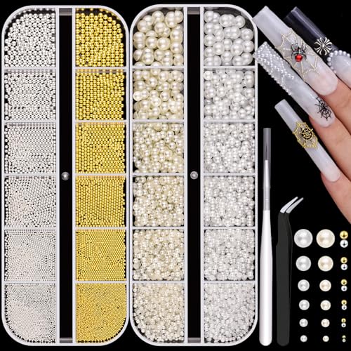 Silver Gold Nail Beads and Flatback Pearls for Nails Beige White Nail Pearl - color: 01 2 Boxes Nail Art Decos Set 1