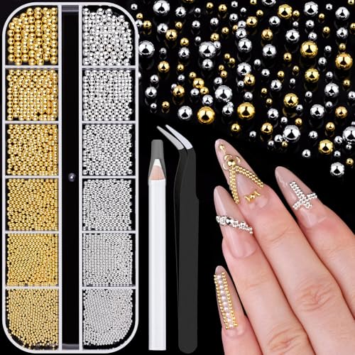 1-3MM Small Nail Beads Metal Caviar Beads Silver Gold Nail Charms and Gems - color: 12 Small Silver and Gold Nail Beads