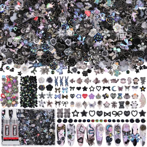 2000Pcs 3D Black Gothic Nail Charms Bulk Y2k Dark Nail Gems for Crafts Set - color: Black