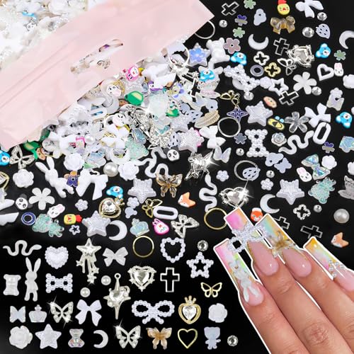 650PCS Cute 3D Resin Nail Charms and Gems White Flower Bow Butterfly Charms - color: White