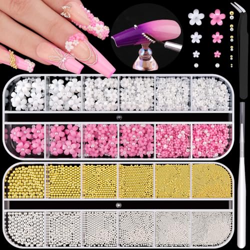 Nail Beads and 3D Flowers Nail Charms for Nails Flatback Pearls Gems - color: 13 2 Boxes Nail Art Decos Set 8