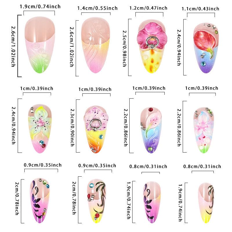 Summer Long Press on Nails Almond Fake Nails Flowers Colorful Design 24pcs