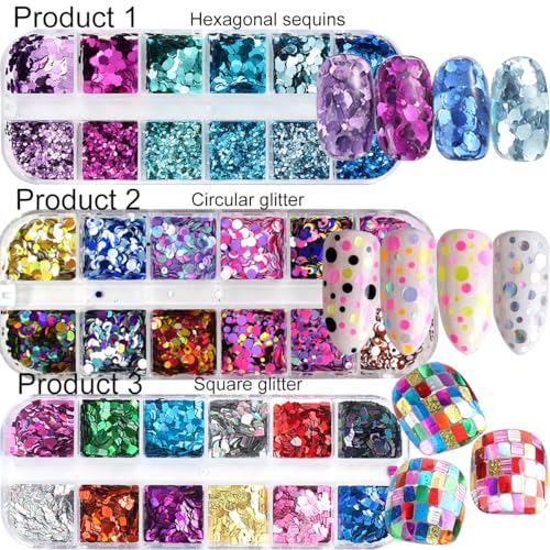 Holographic Nail Art Sequins, 3 Boxes 36 Grids
