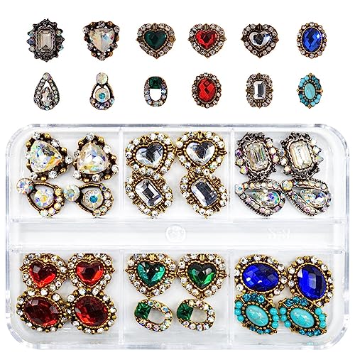 24 Pcs Retro Gold Nail Charms, qiipii 12 Pair 3D Alloy Luxury Nail Gems Elegant Heart Retro Rhinestones for Nails Golden Nail Crystals Diamonds Stones, Nail Art Supplies for Nails Decoration Crafts - color: Luxury Charms - Retro(A), size: 1 Box
