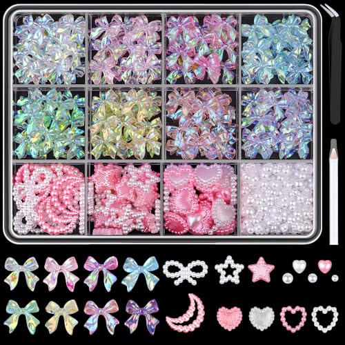 600 Pcs 3D Nail Bow Charms and Flatback Pearls Nail Charms Set 11 - color: Set 11- 8 Colors