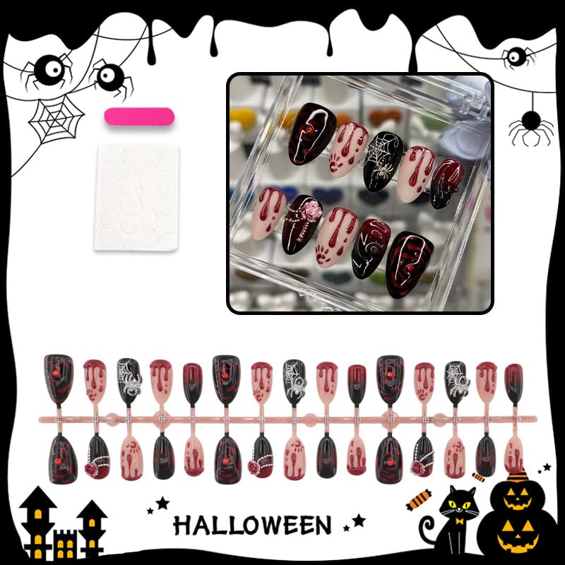 30Pcs Gothic Press on Nails Medium Almond Halloween Fake Nails with 3D Red Blood Drop Flower Silver Spider Rhinestones Design Goth False Nails Halloween Glue on Nails Spider Web Nail for Women - color: Gothic