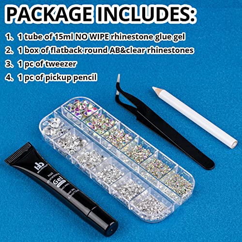 Nail Art Rhinestone Glue Gel&Flatback Gems Accessories Kit, 1 Tube of 15ml Rhinestone Gel Glue(UV/LED Needed)+1 Box of Flat-Back Round Glass Crystal AB&Clear Gemstones with Pickup Pencil and Tweezer - color: 01 AB&Clear, size: 1 pack