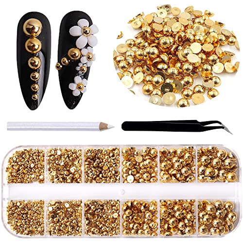 RODAKY 2000Pcs AB Gold Half Pearls for Crafts,Flatback Half Round Pearl for Nails,6 Sizes AB Gold Pearl Beads Rhinestones for Nails Art Design DIY Crafts Jewelry Making Clothe Shoes Decoration - color: Gold AB
