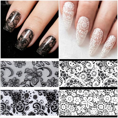SmallCat 20 Sheets Nail Transfer Foil, Lace Nail Foil, Black, White - color: Black, White (100×2.5cm), Style1