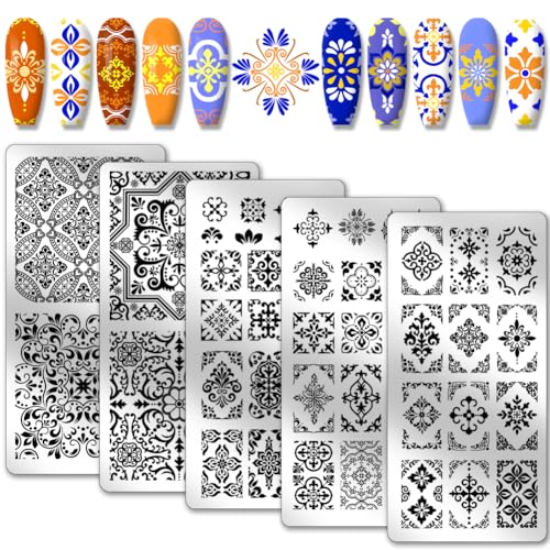 PH PandaHall 5pcs Mosaic Tile Pattern Nail Art Templates, Kaleidoscope Stamping Plate 52 Patterns Plant Flower Nail Art Stencils Stainless Steel Plates for Nail Design Print Manicure Salon