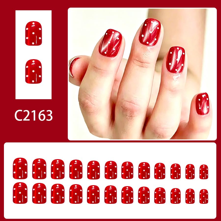 24Pcs Fall Press on Nails Short Square Polka Dot Fake Nails with Shiny Glitter Design Cute Polka Dots False Nails Red Acrylic Glue On Nails Autumn Glossy Full Cover Stick on Nails for Women - color: Fall03
