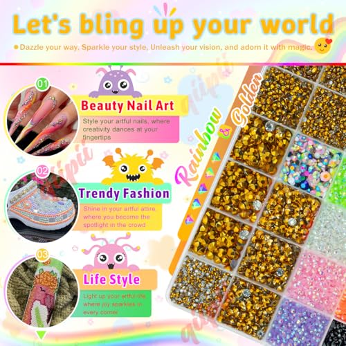 qiipii Golden Resin Rhinestones w B7000 Glue for Crafting Bedazzling 2mm-6mm Flatback Colorful Jelly Stones Diamonds Gems Bedazzler Kit for Nails Face Eyes Makeup Tumblers Bottles Crafts Shoes Phones - color: Golden, size: Jelly
