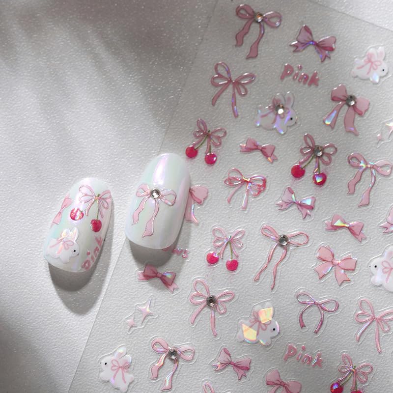 1 Sheet Bow Nail Art Stickers 5D Self-Adhesive Glitter Pink Bows Nail Art Designs Decals Cute Bow Nails Sticker Bow Charms with Rhinestone Design Acrylic DIY Decoration Supplies Charms for Women - style: diamond bow