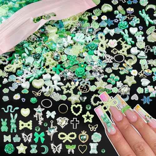 650PCS Cute 3D Resin Nail Charms and Gems Green Rabbit Bow Butterfly Charm - color: Green