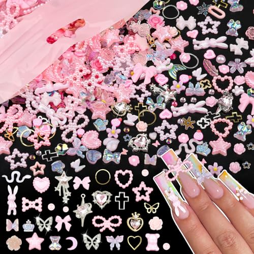 650PCS Cute 3D Resin Nail Charms and Gems Pink Flower Bow Butterfly Charms - color: Pink