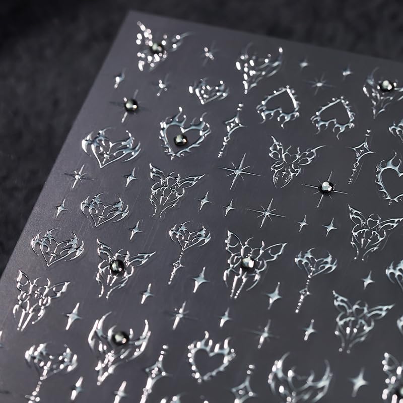 1 Sheet Silver Star Nail Art Stickers 5D Embossed Self Adhesive Heart Butterfly Nail Stickers for Nail Art Silver Nail Decals with Rhinestone Design Star Nail Supplies Manicure Decoration for Women - style: silver butterfly