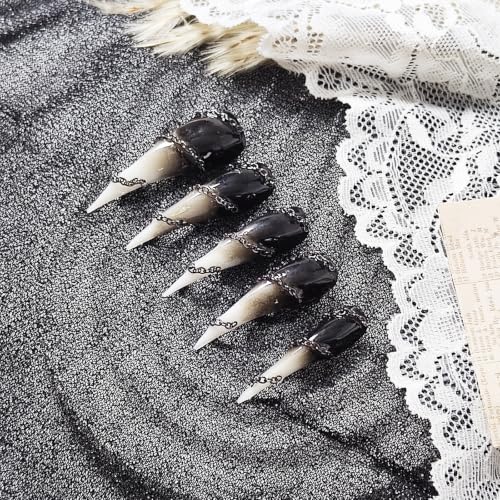 10Pcs Handmade Claw Press on Nails,Long Cats Claw 3D Chain Fake Nails with Black White Gradient Designs Gothic Thick Acrylic Nails Press Ons Glossy Stick on Nails for Women Girls (Size M) - color: Style 01, size: Medium