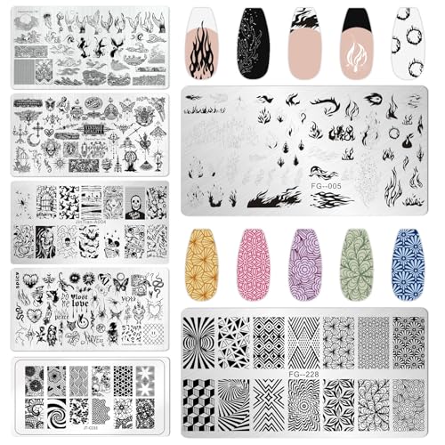 AddFavor Nail Stamping Plate Kit with Nail Stamp and Scraper, 6pcs Fire Skull Nail Stamper Kit for Home Salon Manicure Polish Print Stencils Design Tools - color: Color D