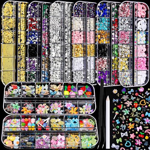 FANDAMEI Nail Charms and Gems, 8 Boxes Nail Art Kit for Design, Multi-Shape Rhinestones for Nails Flat Back Pearls Jewels, 3D Fruit Flower Candy Nail Charms, Gold Nail Studs Jewels - color: Yellow candy/red cherry/purple heart/gold silver pearls
