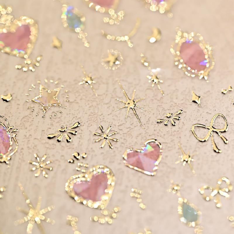 Valentine Nail Art Stickers 5D Embossed Pink Heart Nail Stickers for Nail Art Gold Moon Star Bow Nail Decals Valentines Day Gold Bow Star Laser Heart Nails Design Aurora Heart Nails Supplies for Women - style: heart star