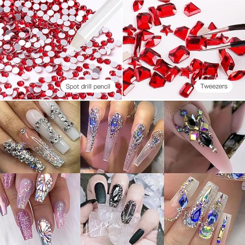 Nail Art Rhinestones Kit Nail Gems Ab Flat bottom special-shaped drill, with Storage Organizer Box/Wax Pencil/Tweezers for Nail Art Craft (Blue) - color: Blue