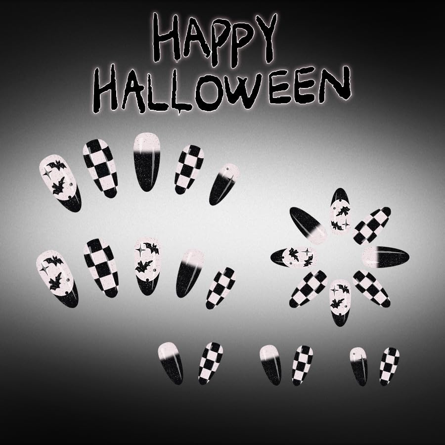 Halloween Press on Nails Black French Tip Medium Almond Fake Nails Gothic Checkerboard Black Bat with star Glitter Design False Nails Glossy Glue on Acrylic Full Cover Stick on Nails for Women 24Pcs - color: style03