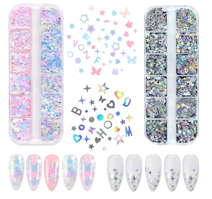 2 Pack 12 Grids Nail Glitter Sequins - 5g Each Dreamy Mix Color + Laser Silver, 3D Holographic Nail Charms for DIY Nail Art Supplies, Manicure Decorations for Women Beginners