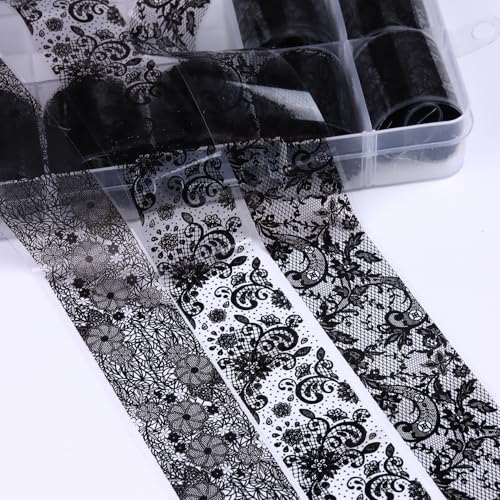 10 Rolls Lace Nail Art Foil Transfer Sticker Black Lace Flower Designs - color: Black Lace