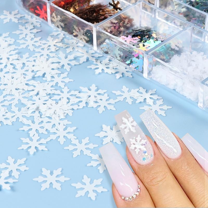 1 Box 12 Color Holographic Snowflake Nail Glitter Laser Ombre White Nail Sequins 3D Red Nail Flakes Sparkly Glitter Flakes Shiny Nail Art Glitter Winter Christmas Nail Sequins Glitter for Nails Art - color: YHN03