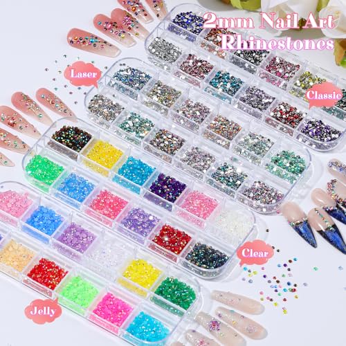 6 Boxes 2mm Nail Art Rhinestones for Bedazzling Kit, Mixed-Color Small Jelly Clear AB Rhinestones Decoration Flatback Pearls Nail Accessories with Tweezers and Brush for Nails DIY Tumblers Face Makeup - color: Mixed-Color - 2mm