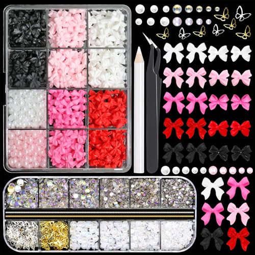 RODAKY 3D Bow Nail Charms and Flatback Pearls Gems Set,Mix Color Bows Charms for Nail Art Designs,Kawaii Bowknot 3D Cute Nail Charm,Pink White Half Pearls for Nail Jewelry DIY Crafts Nail Art Decor - color: Set 09 - 2 Boxes Nail Art Decos