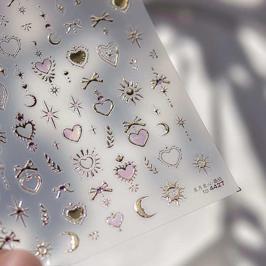 1 Sheet Star Nail Art Stickers 5D Embossed Moon Heart Nail Decals Pink Gold Nail Stickers for Nail Art with Pink Rhinestones Design Sun Nails Supplies Accessories for Women Manicure DIY Decorations - style: gold bow star