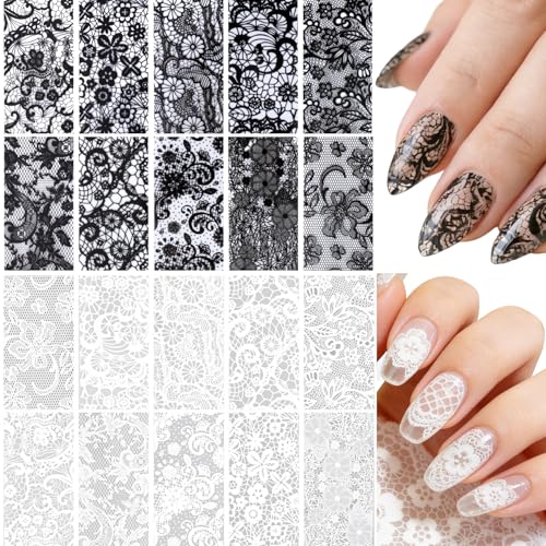 SmallCat 20 Sheets Nail Transfer Foil, Lace Nail Foil, Black, White - color: Black, White (100×2.5cm), Style1