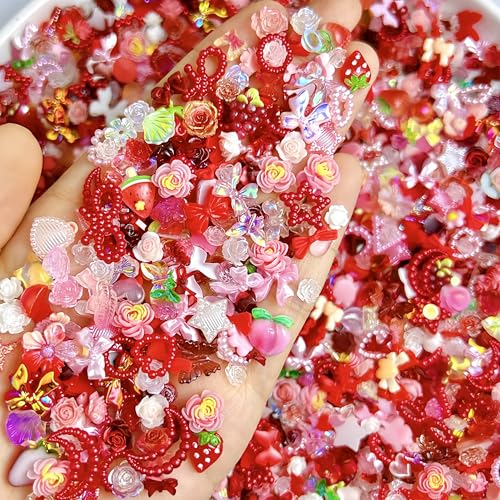 150 Pcs 3D Resin Strawberries Butterfly Flower Nail Charms Rose Heart Moon Nail Rhinestones Flatback Bow Cherry Nail Art Charms Bow Charms for Nails Design Moon Star Nail Jewels for Nail Art Supplies - color: pink
