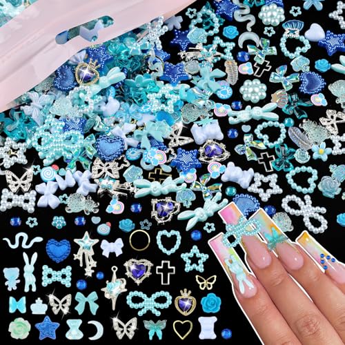 650Pcs Cute 3D Resin Nail Charms and Gems Blue Rabbit Bow Butterfly Charms - color: Blue