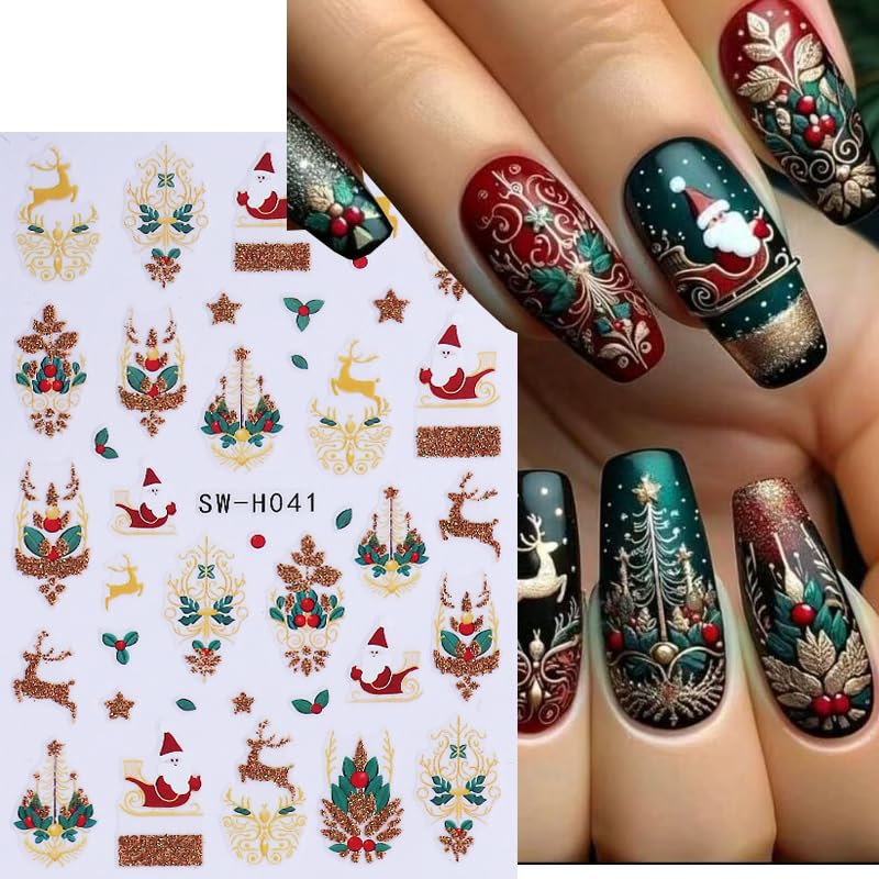 10 Sheets Christmas Nail Stickers for Nail Art,3D Self-Adhesive Nail Decals - color: Christmas
