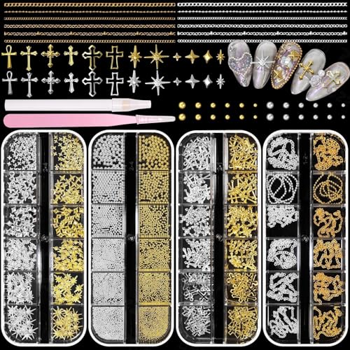 Gold Silver Caviar Nail Beads, 3D Starburst Chain Cross Nail Charms - color: S2