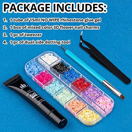 Nail Art Rhinestone Glue Gel&Flatback Gems Accessories Kit, 1 Tube of 15ml Rhinestone Gel Glue(UV/LED Needed)+1 Box of Colorful 3D Flowers with Dual end Brush Tool and Tweezer - color: 11 Multicolored Flower, size: 1 pack