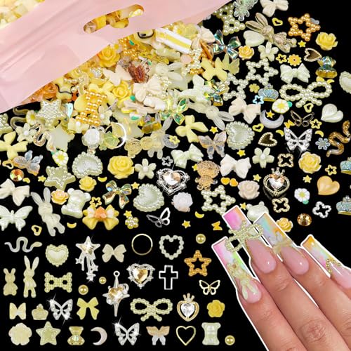 650Pcs Cute 3D Resin Nail Charms and Gems Yellow Rabbit Bow Butterfly Charm - color: Yellow